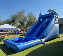 Load image into Gallery viewer, 14' DOLPHIN SPLASH INFLATABLE WATER SLIDE RENTAL