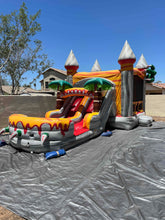 Load image into Gallery viewer, T-REX BOUNCE HOUSE DUAL LANE COMBO RENTAL WITH SLIDE WET or DRY