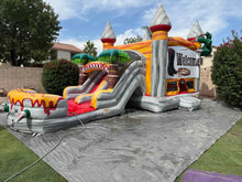 Load image into Gallery viewer, T-REX BOUNCE HOUSE DUAL LANE COMBO RENTAL WITH SLIDE WET or DRY