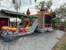 Load image into Gallery viewer, T-REX BOUNCE HOUSE DUAL LANE COMBO RENTAL WITH SLIDE WET or DRY