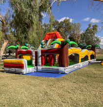 Load image into Gallery viewer, 80' Jurassic Wrap Around Dual Lane Obstacle course with Water Slide Wet/Dry