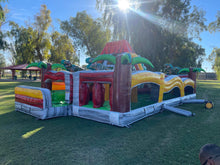 Load image into Gallery viewer, 80' Jurassic Wrap Around Dual Lane Obstacle course with Water Slide Wet/Dry