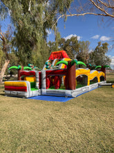 Load image into Gallery viewer, 80' Jurassic Wrap Around Dual Lane Obstacle course with Water Slide Wet/Dry