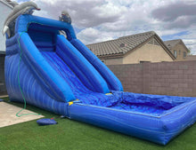 Load image into Gallery viewer, 14' DOLPHIN SPLASH INFLATABLE WATER SLIDE RENTAL