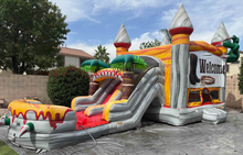 Load image into Gallery viewer, T-REX BOUNCE HOUSE DUAL LANE COMBO RENTAL WITH SLIDE WET or DRY