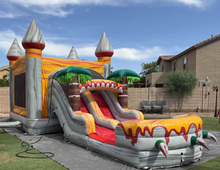 Load image into Gallery viewer, T-REX BOUNCE HOUSE DUAL LANE COMBO RENTAL WITH SLIDE WET or DRY